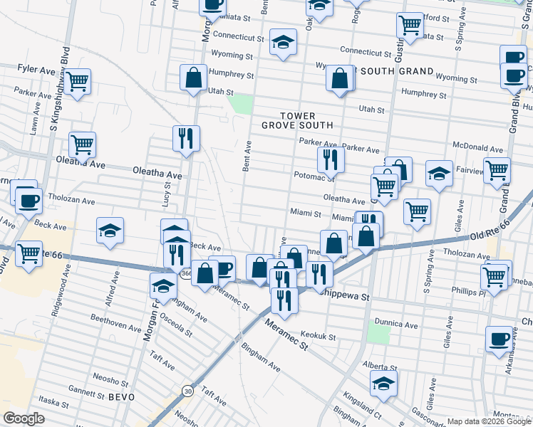 map of restaurants, bars, coffee shops, grocery stores, and more near 4135 Miami Street in St. Louis