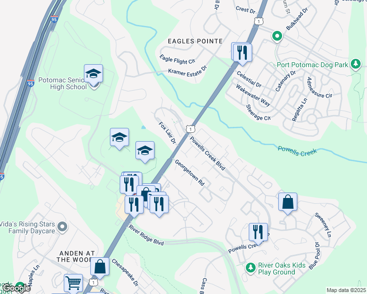 map of restaurants, bars, coffee shops, grocery stores, and more near 16548 Royal Court in Woodbridge
