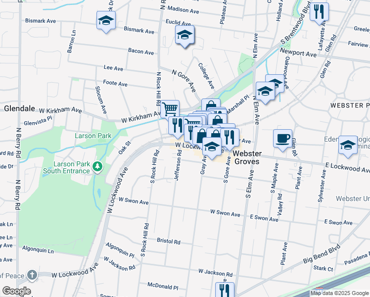 map of restaurants, bars, coffee shops, grocery stores, and more near 10 Jefferson Road in Webster Groves
