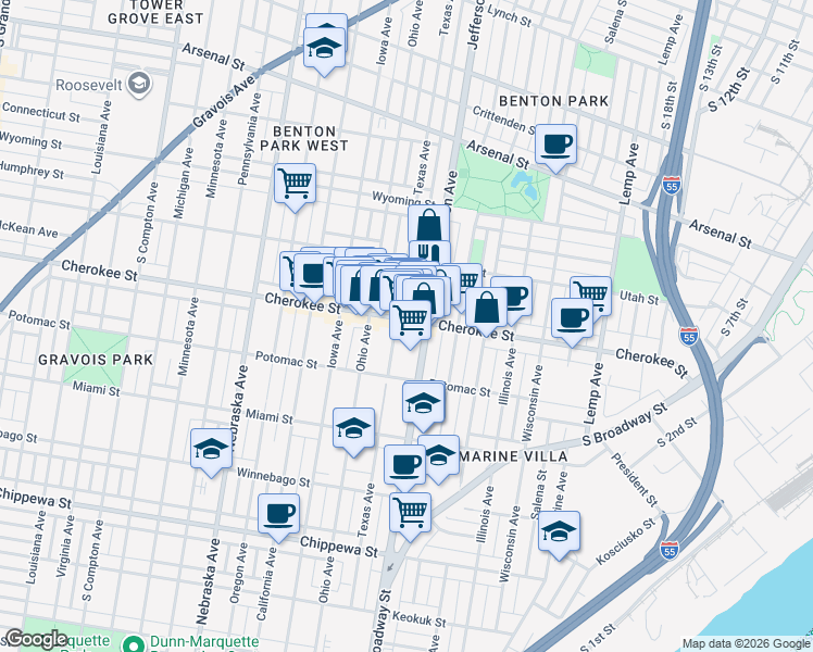 map of restaurants, bars, coffee shops, grocery stores, and more near 2616 Cherokee Street in St. Louis