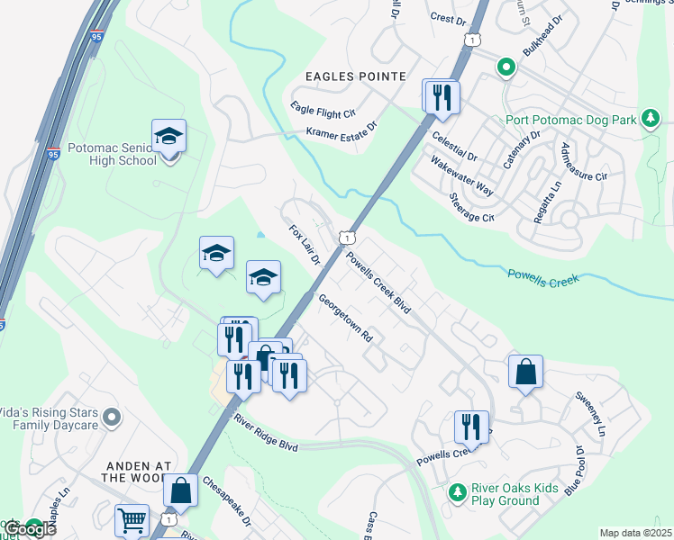 map of restaurants, bars, coffee shops, grocery stores, and more near 16548 Royal Court in Woodbridge