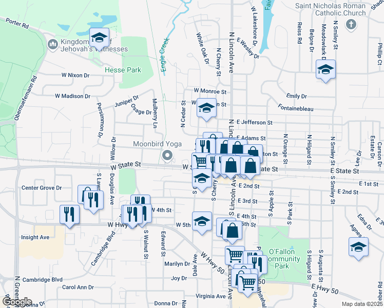 map of restaurants, bars, coffee shops, grocery stores, and more near 211 North Oak Street in O'Fallon