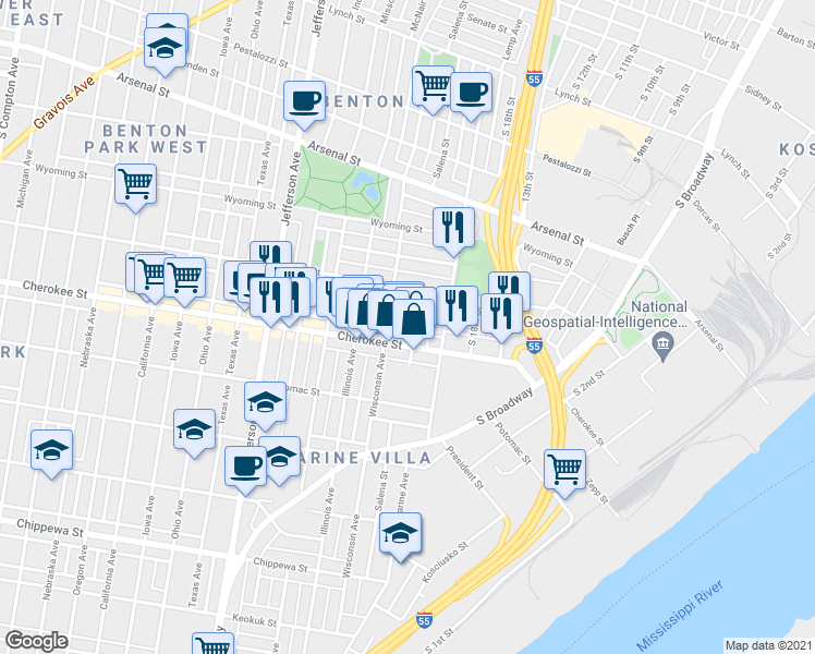 map of restaurants, bars, coffee shops, grocery stores, and more near 3334 Wisconsin Avenue in St. Louis