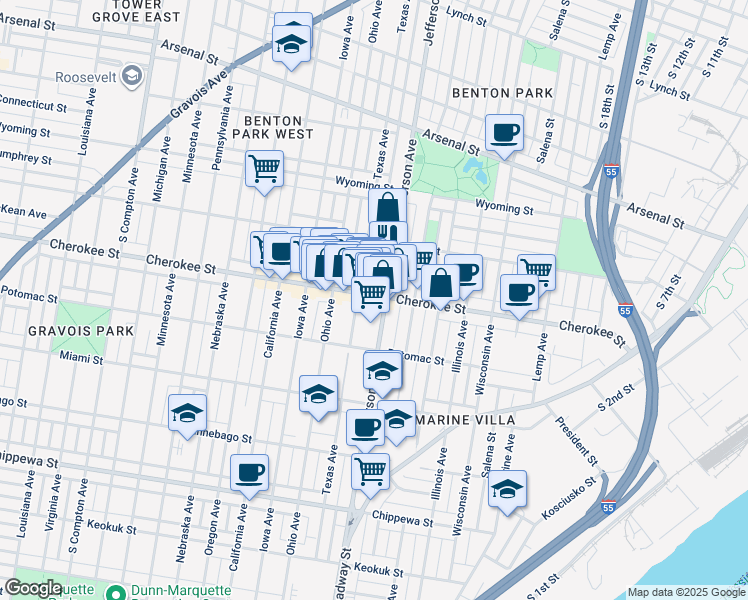 map of restaurants, bars, coffee shops, grocery stores, and more near 2617-2619 Cherokee Street in St. Louis