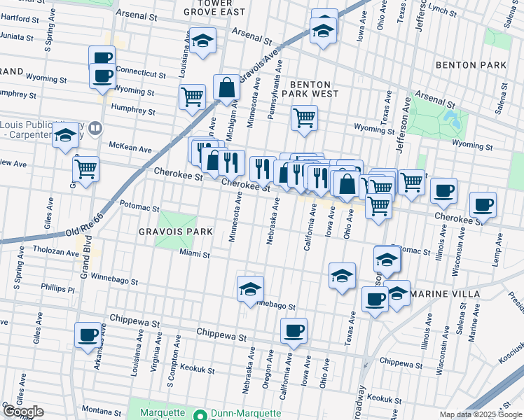 map of restaurants, bars, coffee shops, grocery stores, and more near 3424 Minnesota Avenue in St. Louis