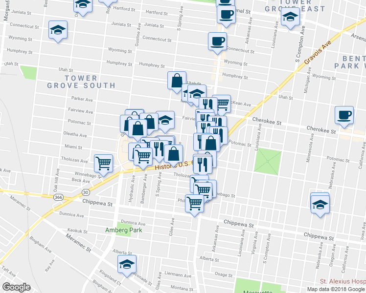 map of restaurants, bars, coffee shops, grocery stores, and more near 3518 Giles Avenue in St. Louis