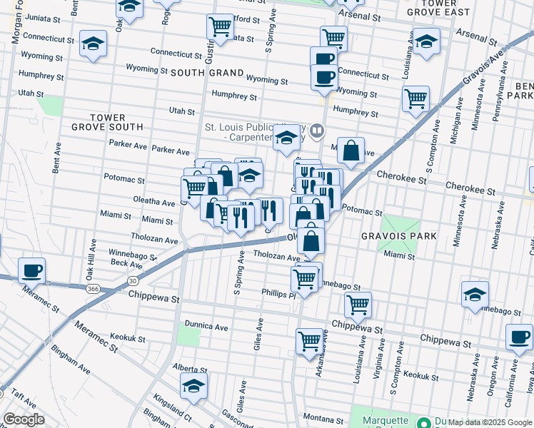 map of restaurants, bars, coffee shops, grocery stores, and more near 3518 Giles Avenue in St. Louis