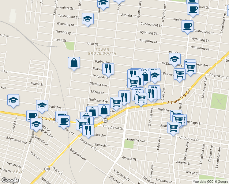 map of restaurants, bars, coffee shops, grocery stores, and more near 3532 Roger Place in St. Louis