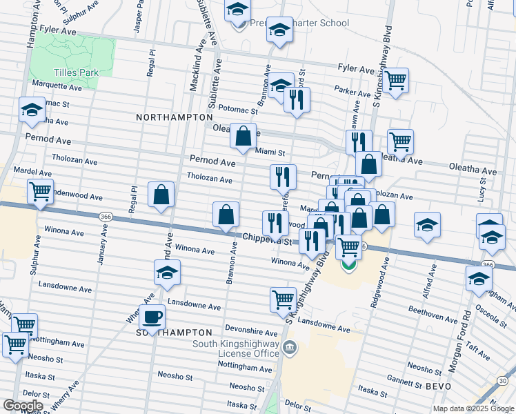 map of restaurants, bars, coffee shops, grocery stores, and more near 5033 Mardel Avenue in St. Louis