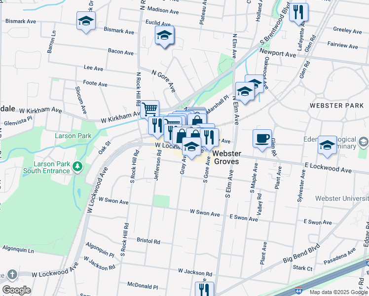 map of restaurants, bars, coffee shops, grocery stores, and more near 21 Allen Avenue in Webster Groves