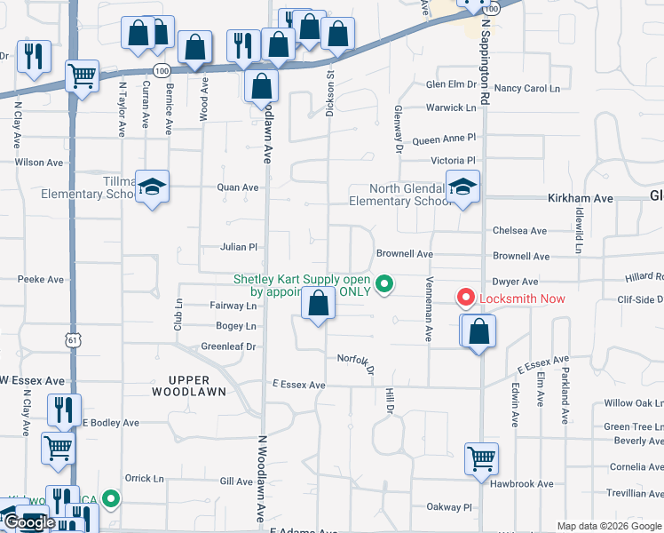 map of restaurants, bars, coffee shops, grocery stores, and more near 543 Hartmann Court in Kirkwood