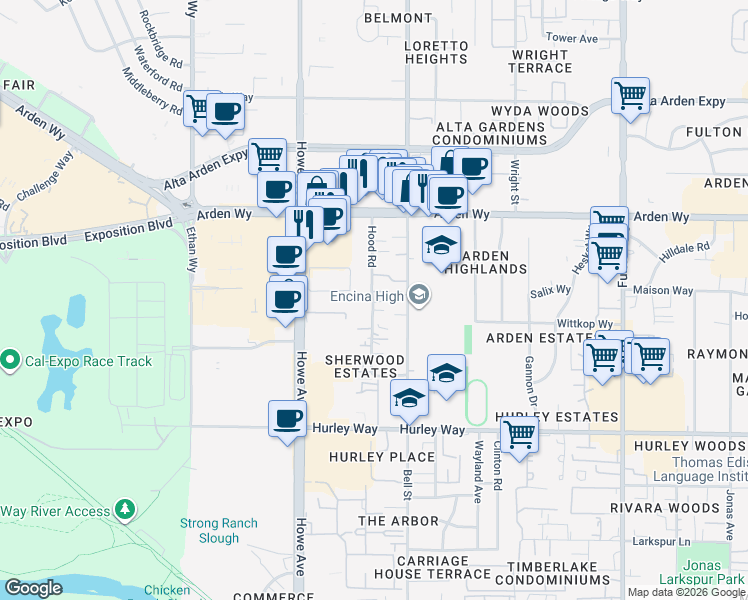 map of restaurants, bars, coffee shops, grocery stores, and more near Hood Road in Sacramento