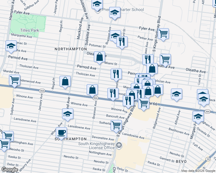 map of restaurants, bars, coffee shops, grocery stores, and more near 5034 Mardel Avenue in St. Louis