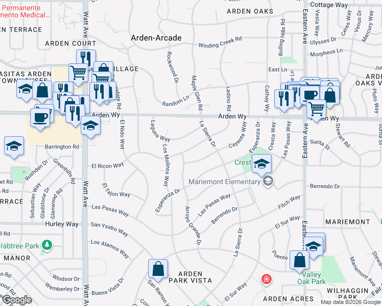 map of restaurants, bars, coffee shops, grocery stores, and more near 3844 El Ricon Way in Sacramento