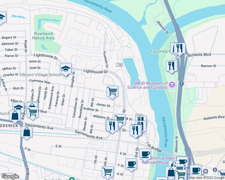 map of restaurants, bars, coffee shops, grocery stores, and more near 559 Watercolor Lane in West Sacramento