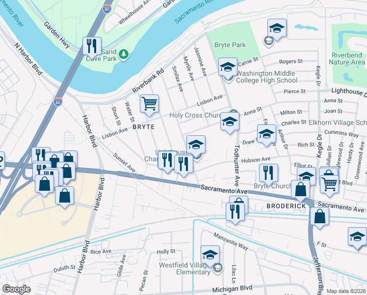 map of restaurants, bars, coffee shops, grocery stores, and more near 821 Bryte Avenue in West Sacramento