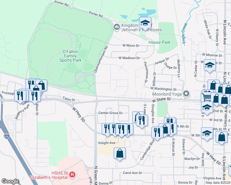 map of restaurants, bars, coffee shops, grocery stores, and more near 208 Erin Lee Street in O'Fallon