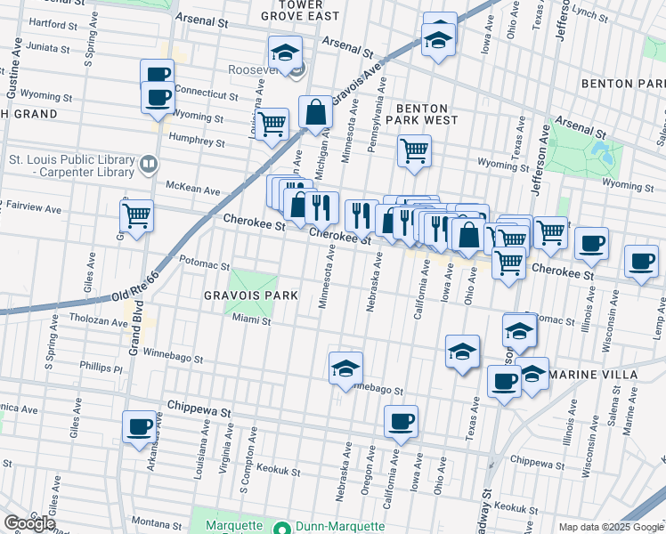 map of restaurants, bars, coffee shops, grocery stores, and more near 3440 Minnesota Avenue in St. Louis
