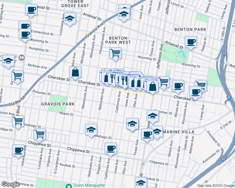 map of restaurants, bars, coffee shops, grocery stores, and more near 3421 California Avenue in St. Louis