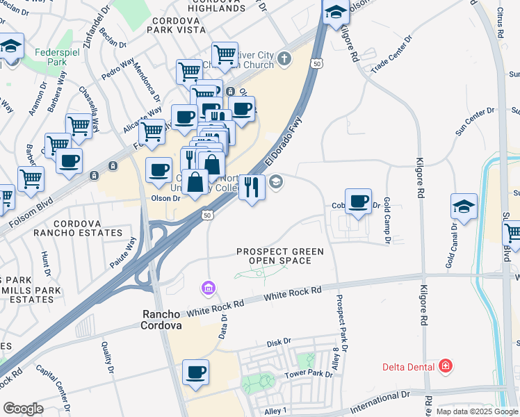 map of restaurants, bars, coffee shops, grocery stores, and more near 2882 Prospect Park Drive in Rancho Cordova