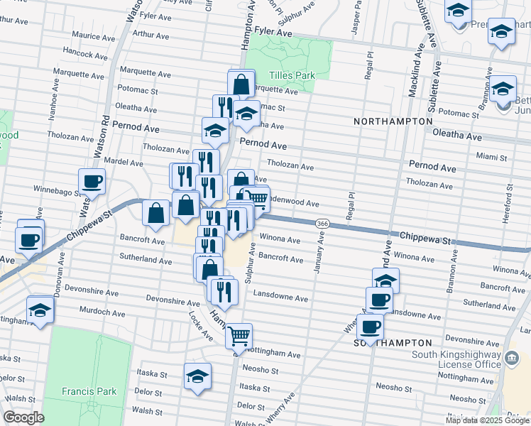 map of restaurants, bars, coffee shops, grocery stores, and more near 5747 Chippewa Street in St. Louis