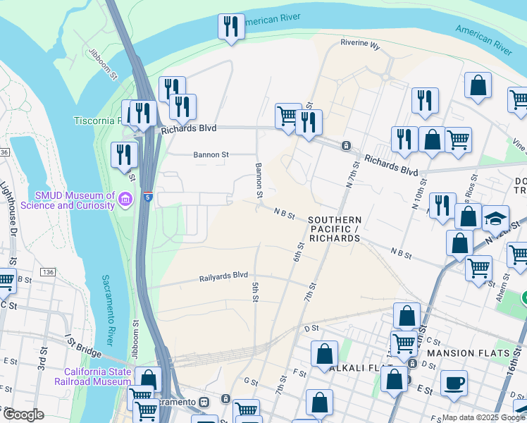 map of restaurants, bars, coffee shops, grocery stores, and more near 440 North B Street in Sacramento