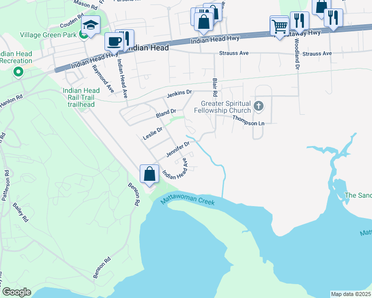 map of restaurants, bars, coffee shops, grocery stores, and more near 204 Jennifer Drive in Indian Head