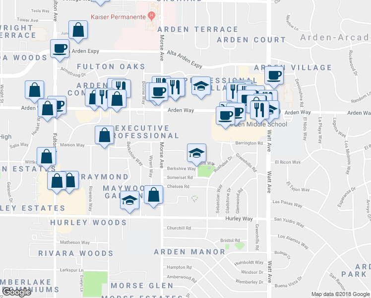 map of restaurants, bars, coffee shops, grocery stores, and more near 3141 Trussel Way in Sacramento