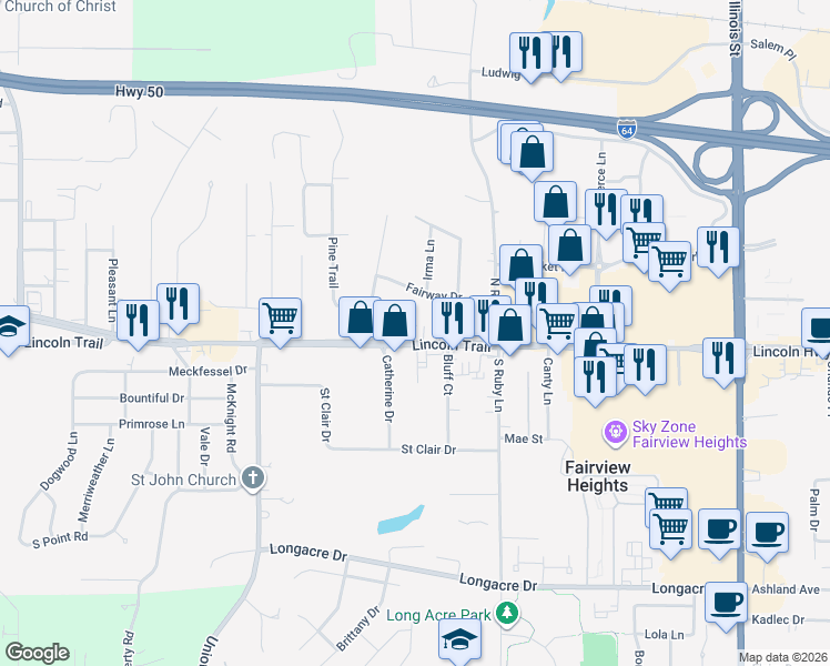 map of restaurants, bars, coffee shops, grocery stores, and more near 10513 Lincoln Trail in Fairview Heights