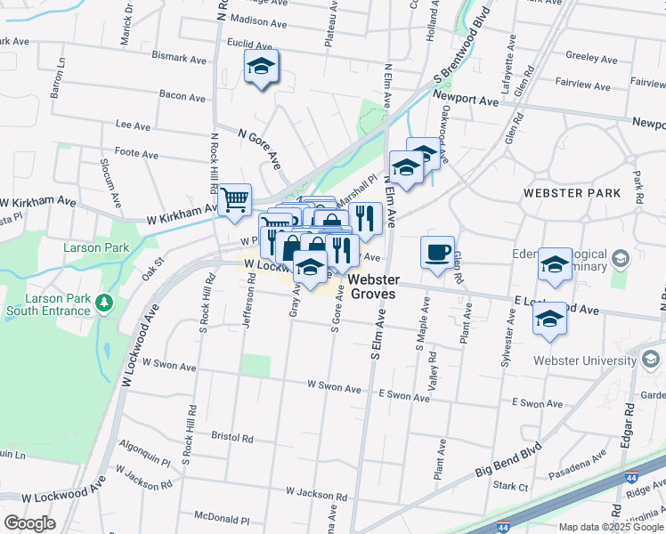 map of restaurants, bars, coffee shops, grocery stores, and more near 110 West Lockwood Avenue in Webster Groves