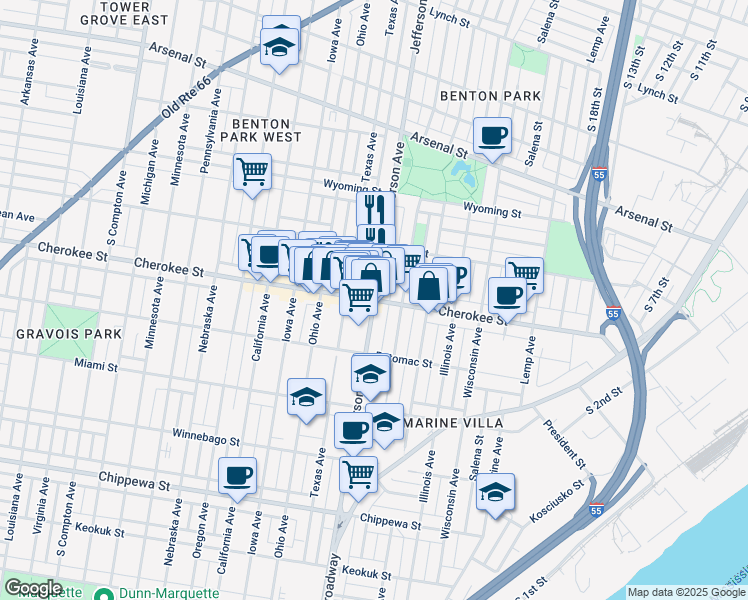 map of restaurants, bars, coffee shops, grocery stores, and more near Cherokee Street in St. Louis