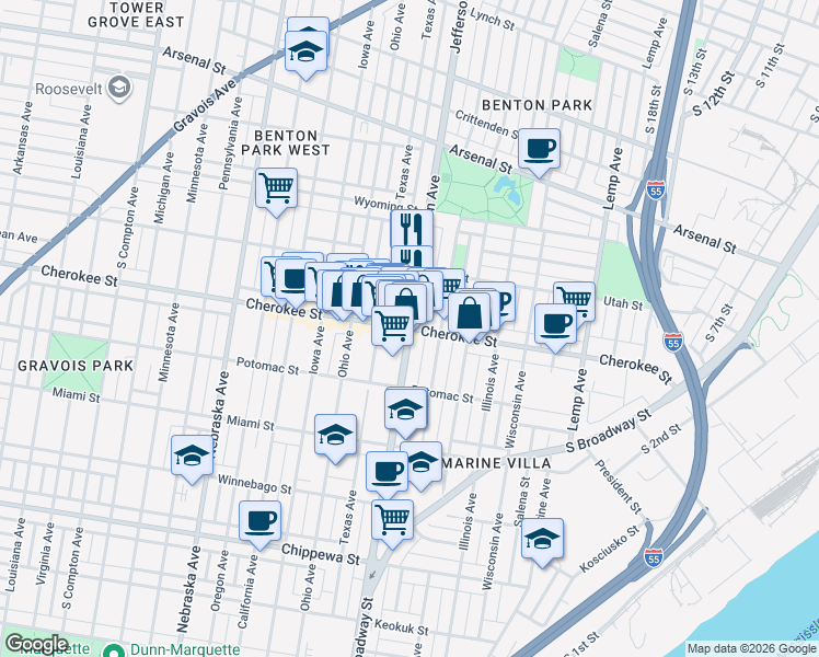 map of restaurants, bars, coffee shops, grocery stores, and more near Cherokee Street in St. Louis