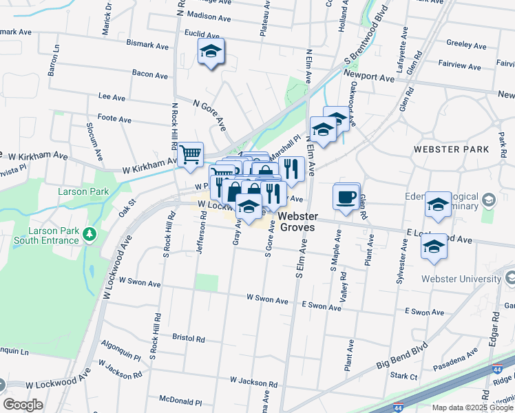 map of restaurants, bars, coffee shops, grocery stores, and more near 110 West Lockwood Avenue in Webster Groves