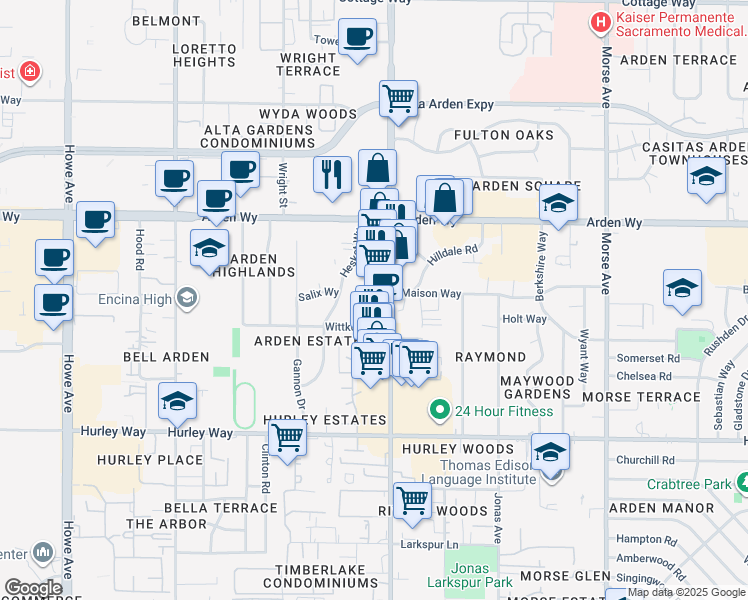 map of restaurants, bars, coffee shops, grocery stores, and more near 1503 Fulton Avenue in Sacramento