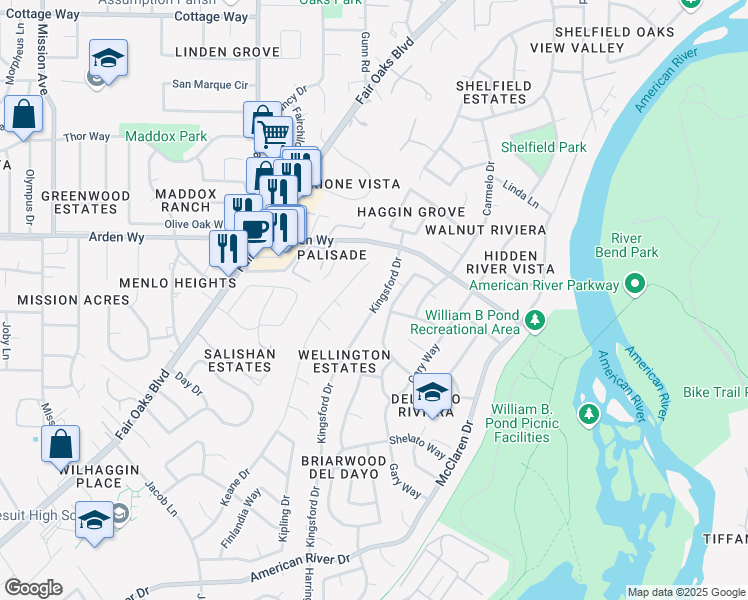 map of restaurants, bars, coffee shops, grocery stores, and more near 1549 Kingsford Drive in Carmichael