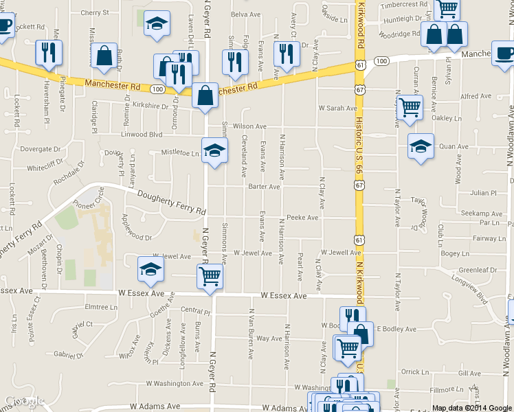 map of restaurants, bars, coffee shops, grocery stores, and more near 813 Evans Avenue in Kirkwood