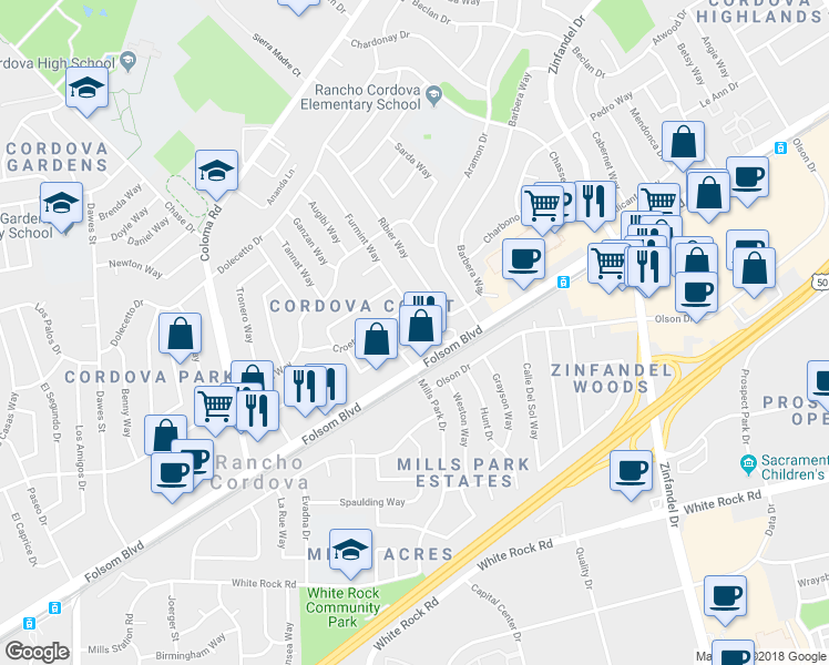 map of restaurants, bars, coffee shops, grocery stores, and more near 2730 Ribier Way in Rancho Cordova