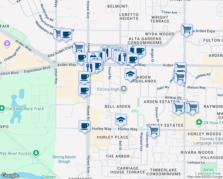 map of restaurants, bars, coffee shops, grocery stores, and more near 1525 Bell Street in Sacramento
