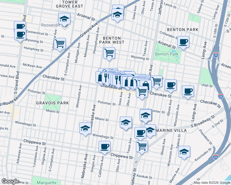 map of restaurants, bars, coffee shops, grocery stores, and more near 2742-2744 Cherokee Street in St. Louis