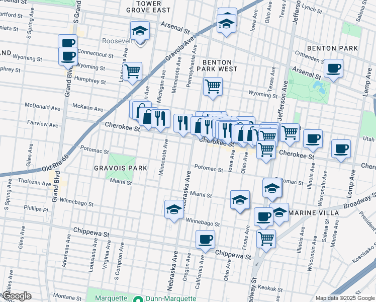 map of restaurants, bars, coffee shops, grocery stores, and more near in St. Louis