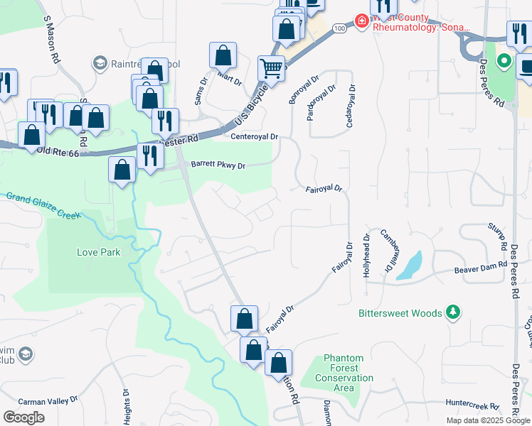 map of restaurants, bars, coffee shops, grocery stores, and more near 13326 Hiddendale Lane in Ballwin