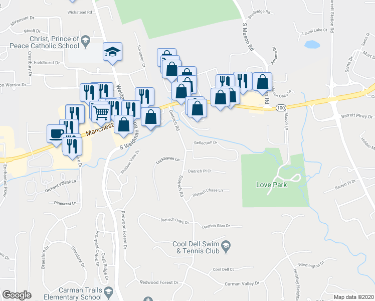 map of restaurants, bars, coffee shops, grocery stores, and more near 309 Ballwin Avenue in Ballwin