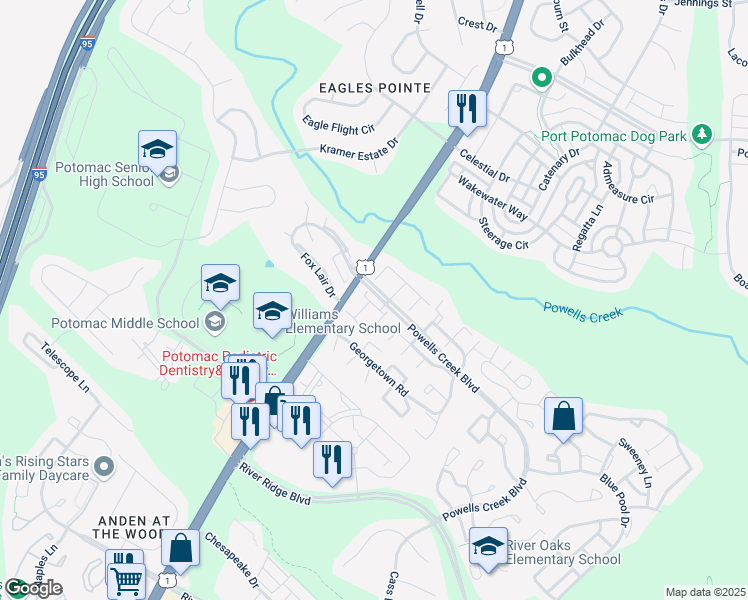 map of restaurants, bars, coffee shops, grocery stores, and more near 2921 Pheasant Lane in Woodbridge