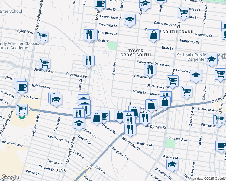 map of restaurants, bars, coffee shops, grocery stores, and more near 4170 Miami Street in St. Louis