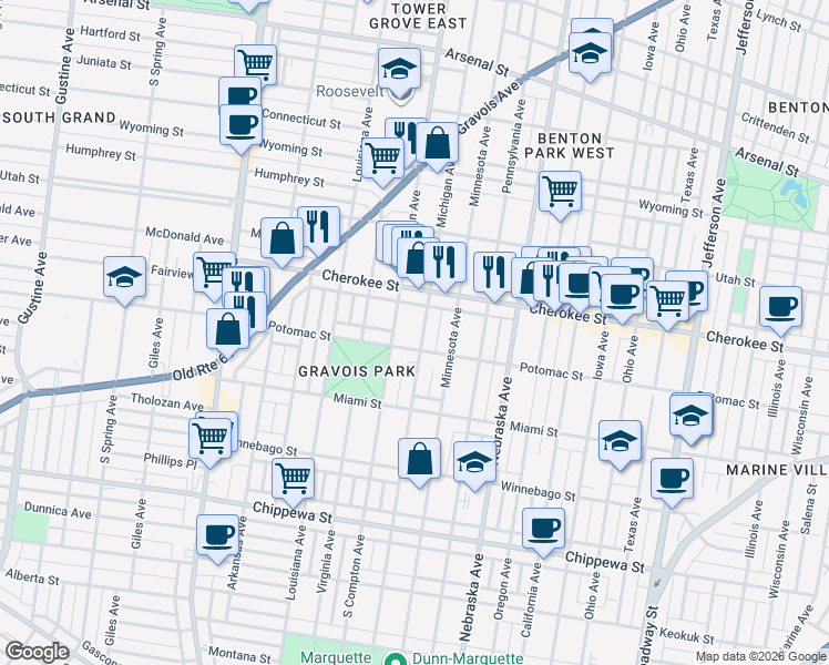 map of restaurants, bars, coffee shops, grocery stores, and more near 3444 South Compton Avenue in St. Louis