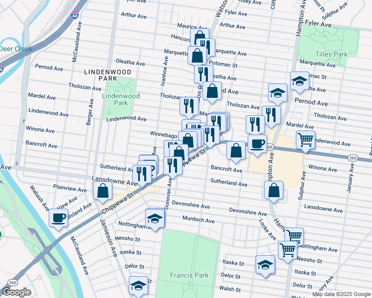 map of restaurants, bars, coffee shops, grocery stores, and more near 4204 Watson Road in St. Louis