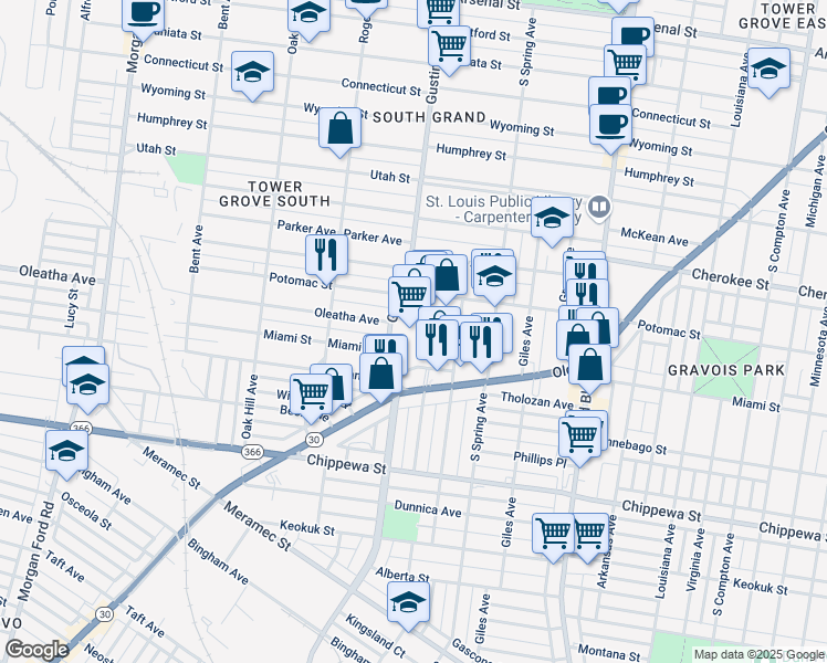 map of restaurants, bars, coffee shops, grocery stores, and more near 3859 Gravois Avenue in St. Louis