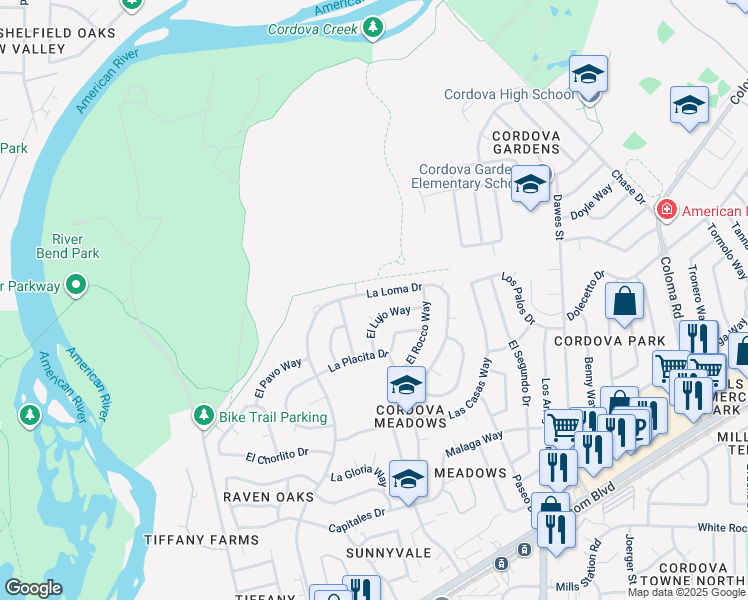 map of restaurants, bars, coffee shops, grocery stores, and more near 2342 La Loma Drive in Rancho Cordova