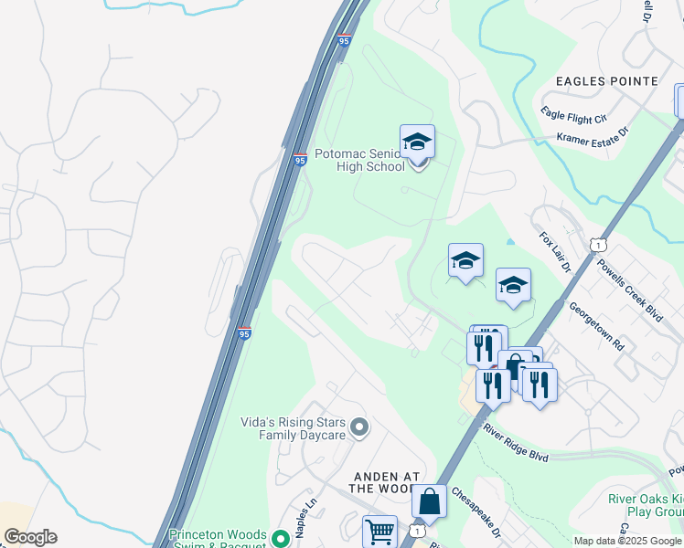 map of restaurants, bars, coffee shops, grocery stores, and more near 3363 Crosscut Lane in Dumfries