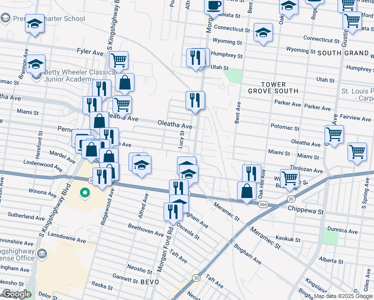 map of restaurants, bars, coffee shops, grocery stores, and more near 4315 Tholozan Avenue in St. Louis